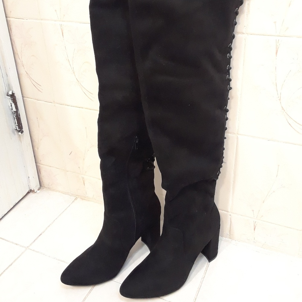 Lace-Up Faux Suede Over-the-Knee Boots